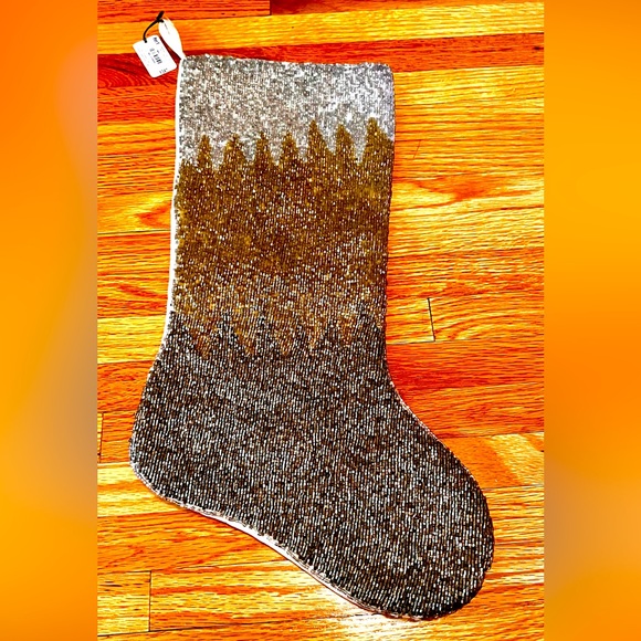 Beautiful Christmas Stocking Designed w/Sequins, Tan & Gold-Pier 1, Never Used
